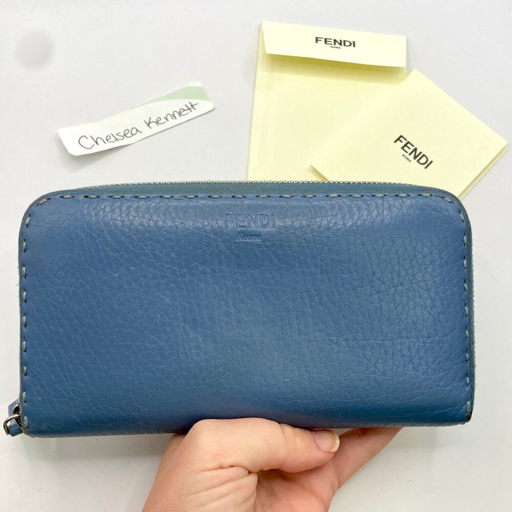 Fendi Romano Selleria Zip Around Wallet Continental Blue Calfskin Thick Stitches